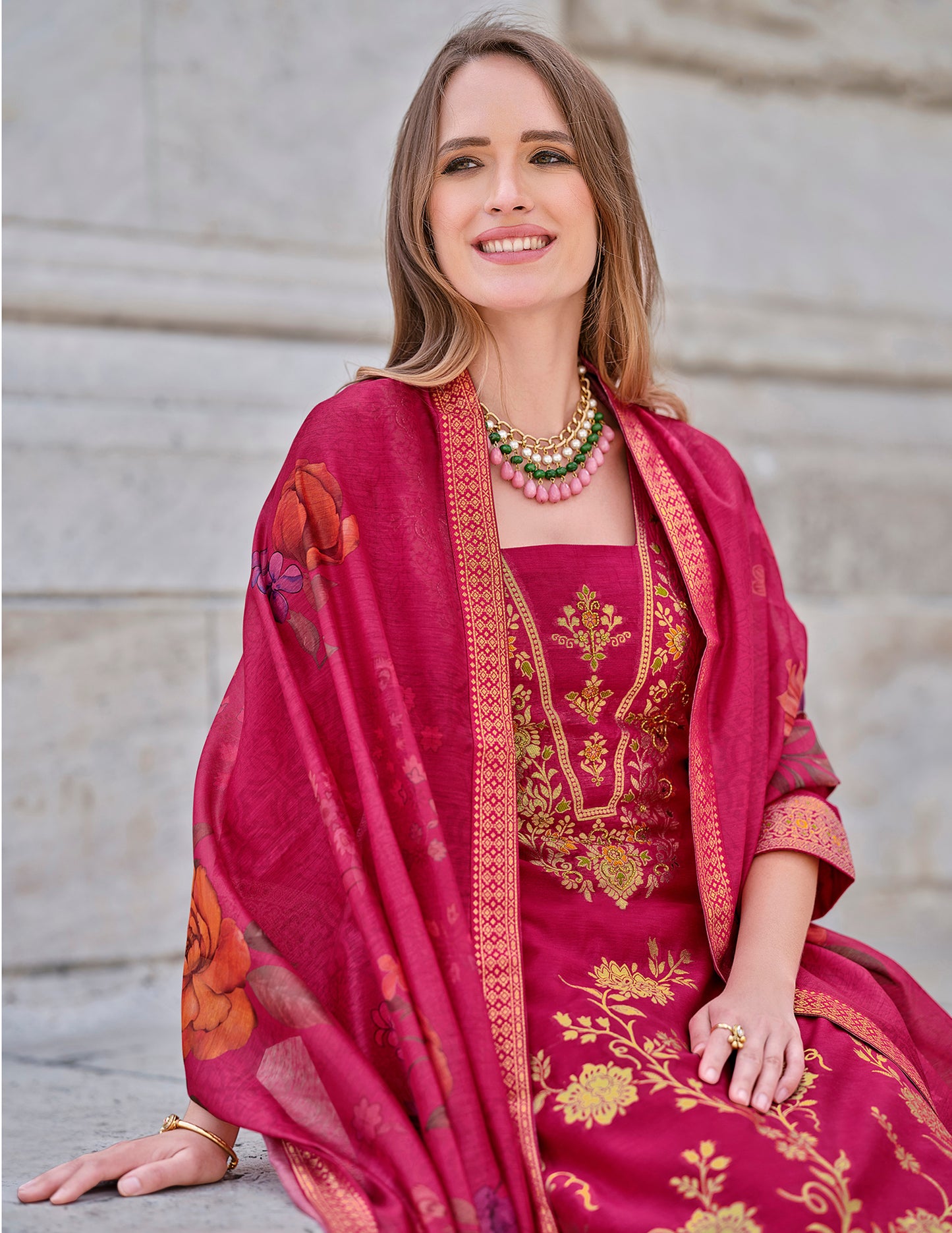 Red straight embroidered Kurta along with Pants and Silk dupatta