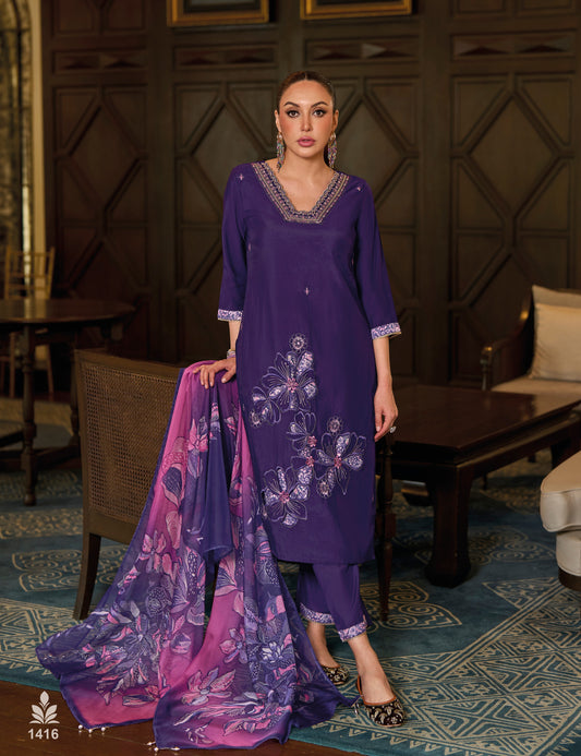 Purple straight embroidered Kurta along with Pants and printed dupatta