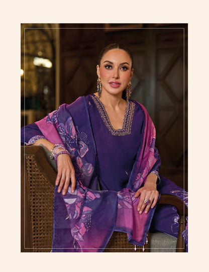 Purple straight embroidered Kurta along with Pants and printed dupatta