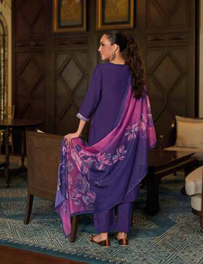 Purple straight embroidered Kurta along with Pants and printed dupatta