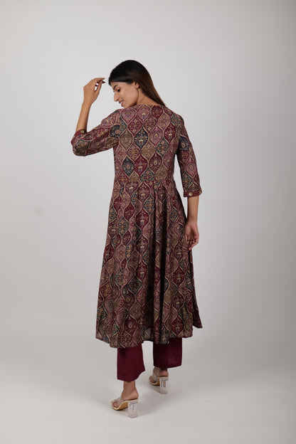 Printed Maroon Dress Along with Pants and Dupatta