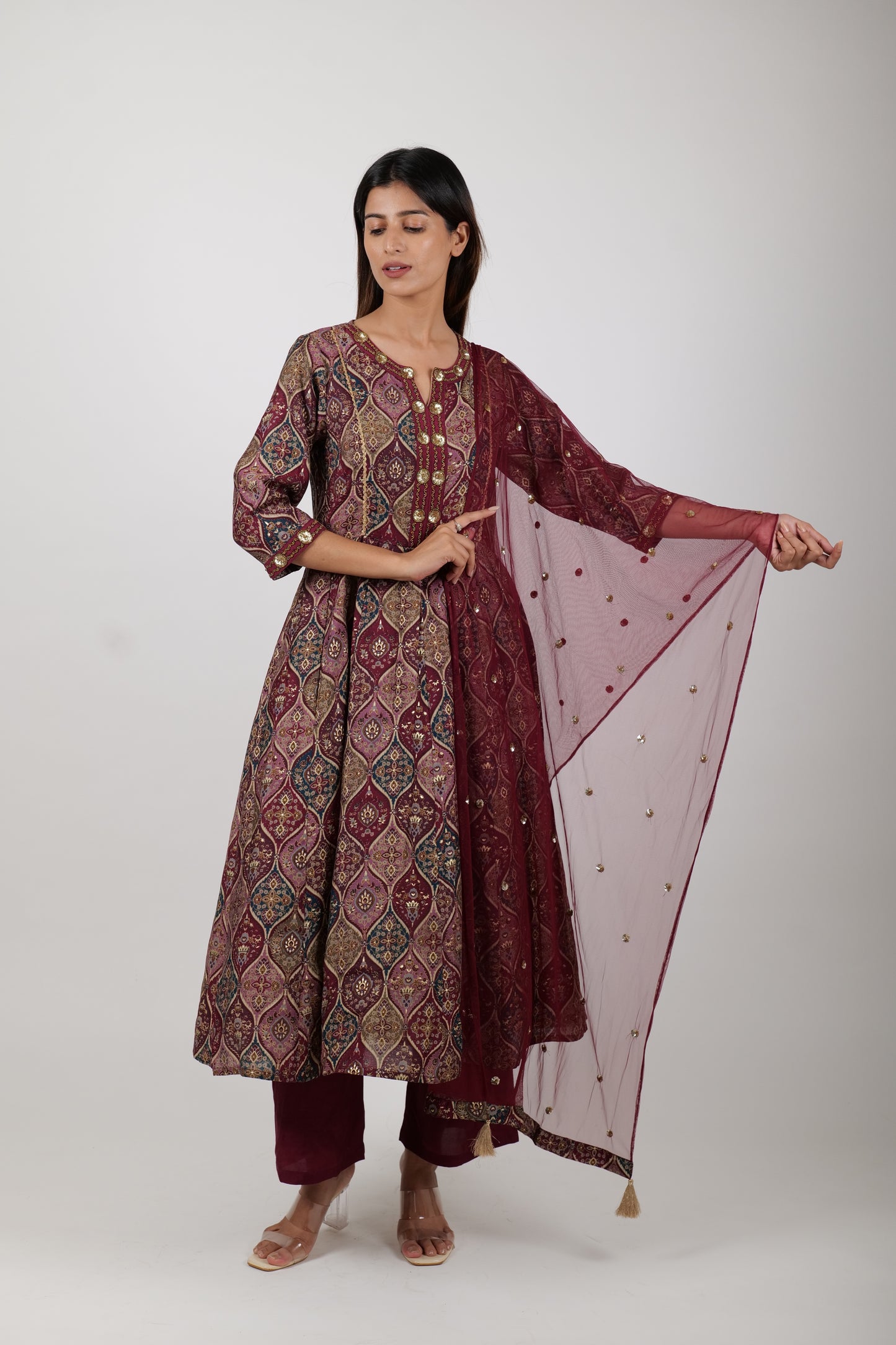 Printed Maroon Dress Along with Pants and Dupatta