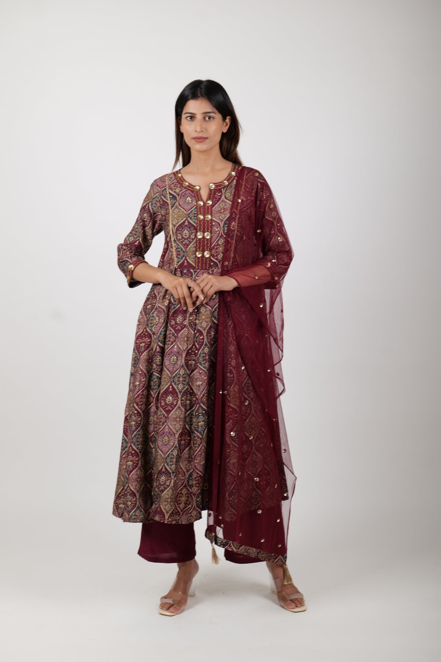 Printed Maroon Dress Along with Pants and Dupatta