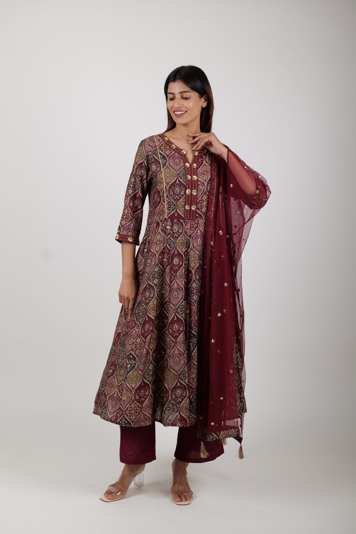 Printed Maroon Dress Along with Pants and Dupatta