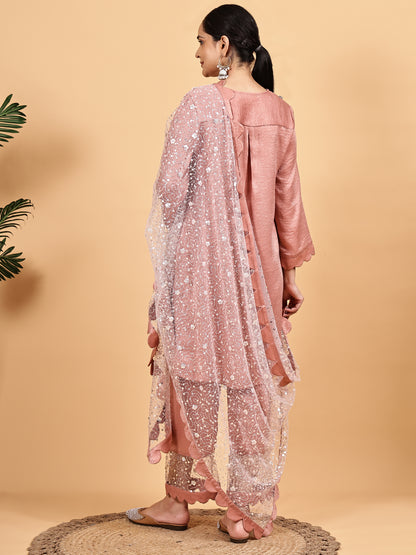 Blush pink  Embellished Kurta Set with Net Dupatta