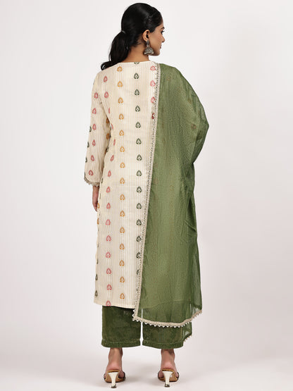 Beige  Printed Kurta Set with Green Dupatta