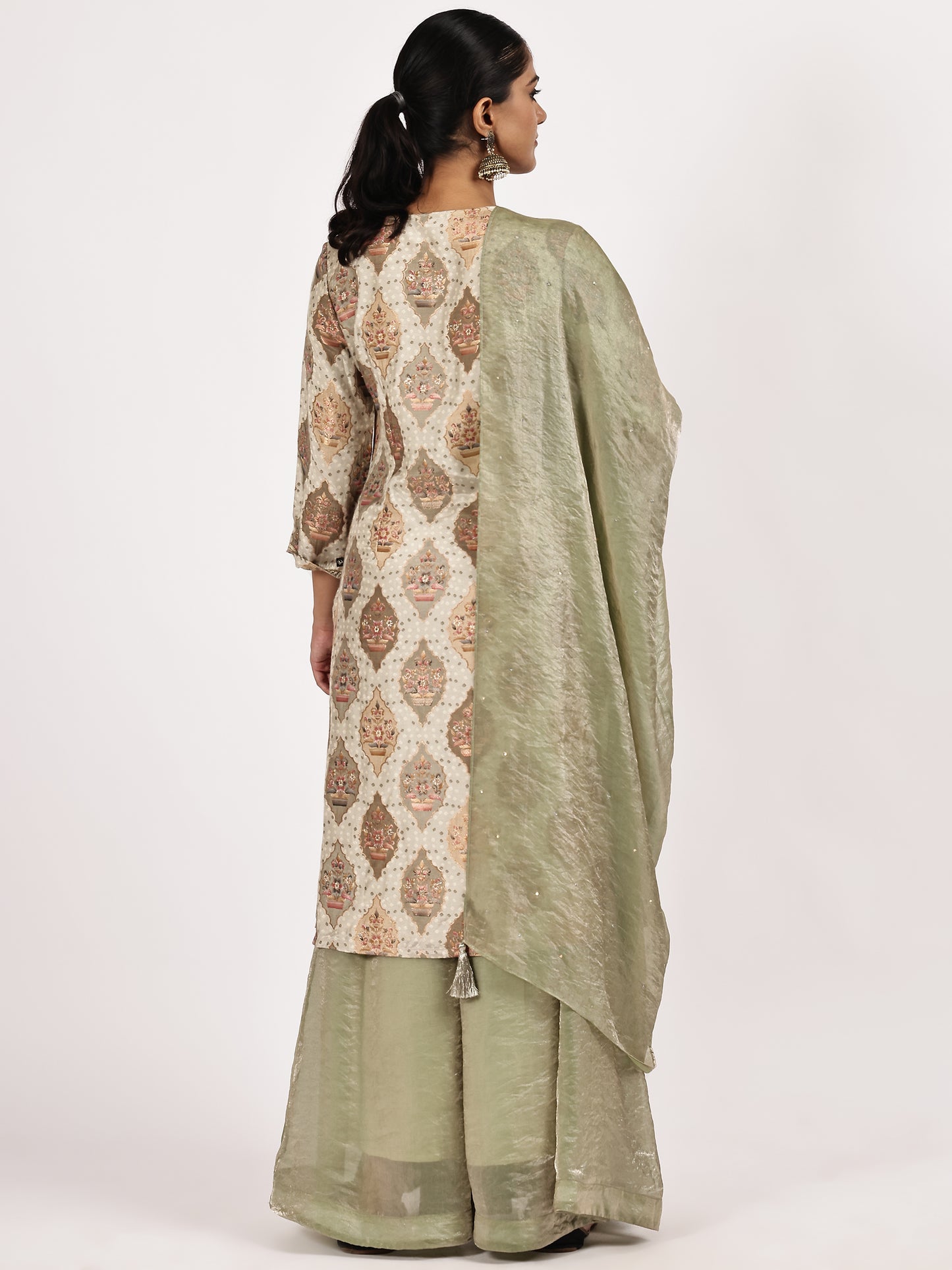 Beige  Kurta with Olive Sharara and Dupatta