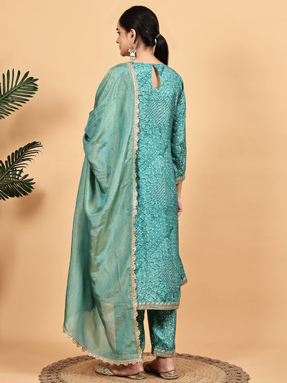 Sea Green Embroidered Kurta Set with Dupatta