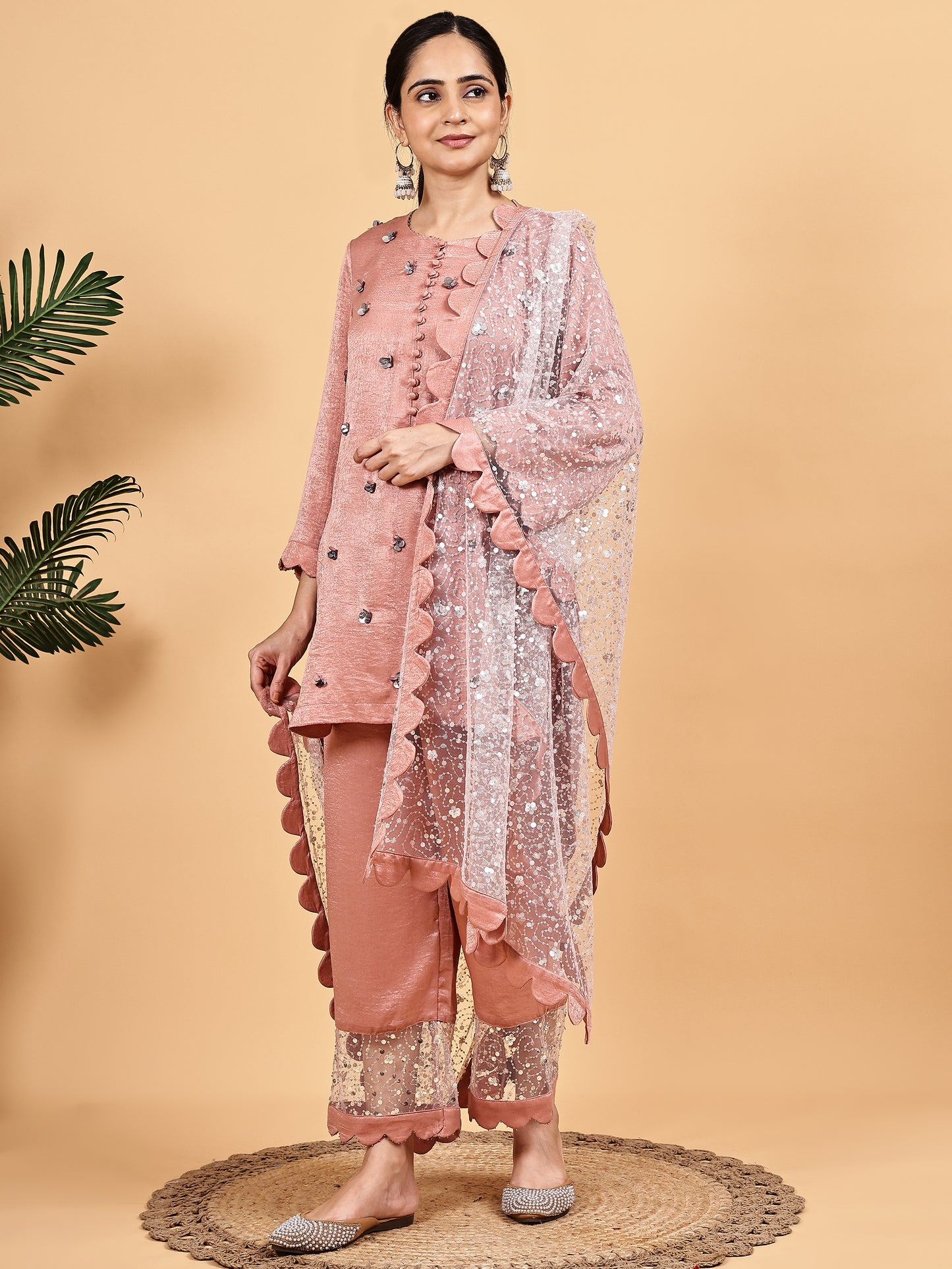 Blush pink  Embellished Kurta Set with Net Dupatta