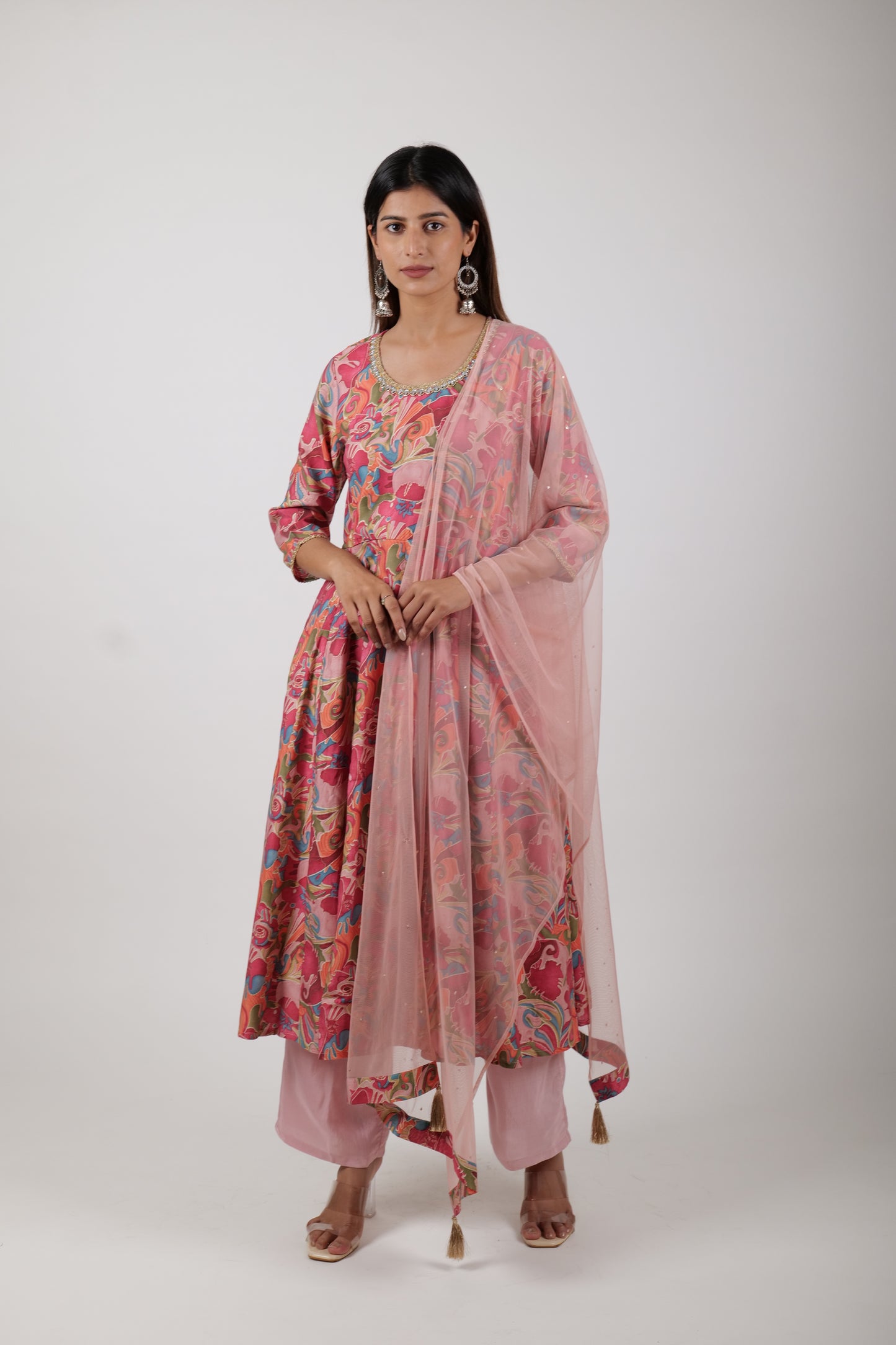 Pale red Printed Dress Along with Pants and Dupatta