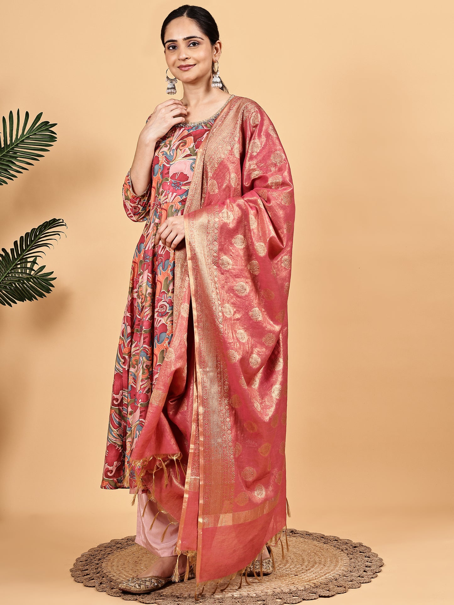 Multicolor Printed Kurta with Pink Banarasi Dupatta