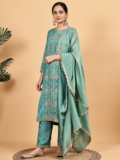 Sea Green Embroidered Kurta Set with Dupatta