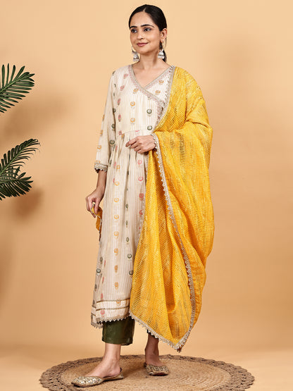 Cream Anarkali-style kurta set with Contrast Mustard Dupatta