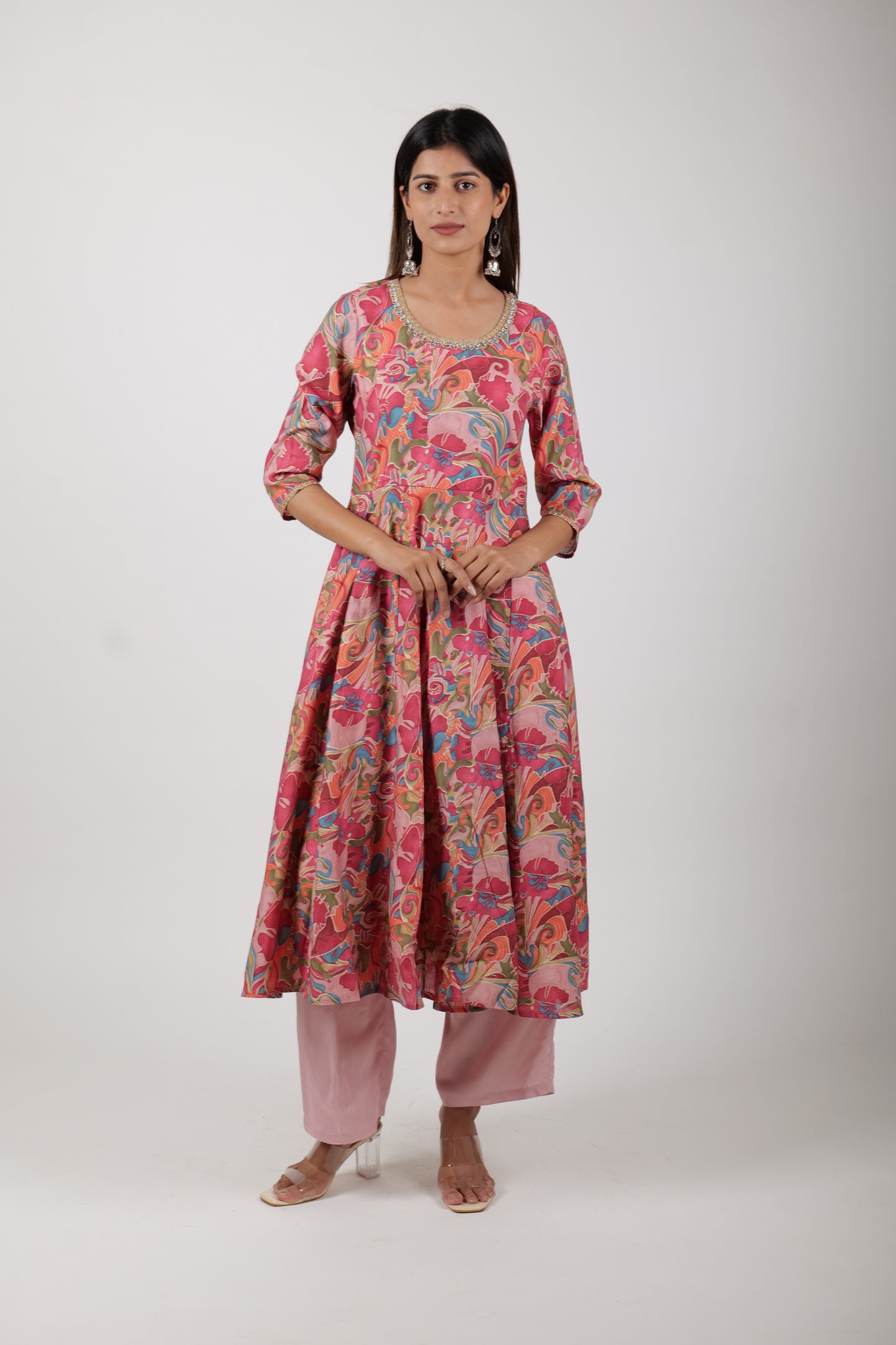 Pale red Printed Dress Along with Pants and Dupatta