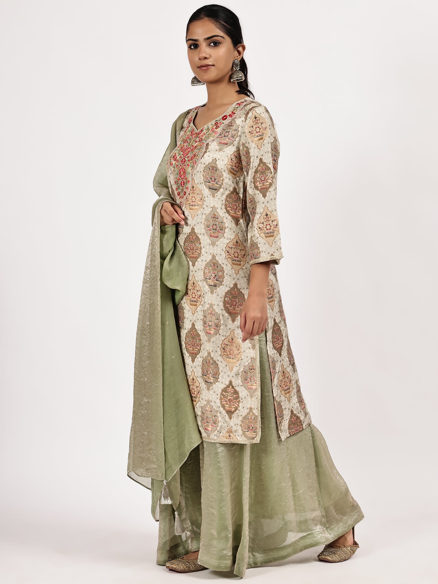 Beige  Kurta with Olive Sharara and Dupatta