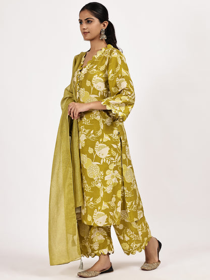Mustard green printed Kurta Set