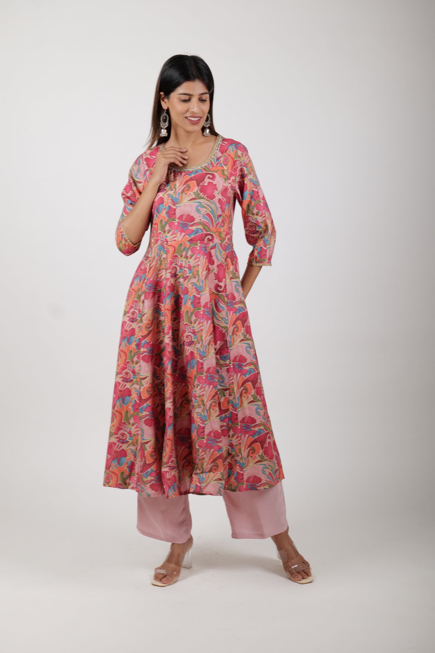 Pale red Printed Dress Along with Pants and Dupatta