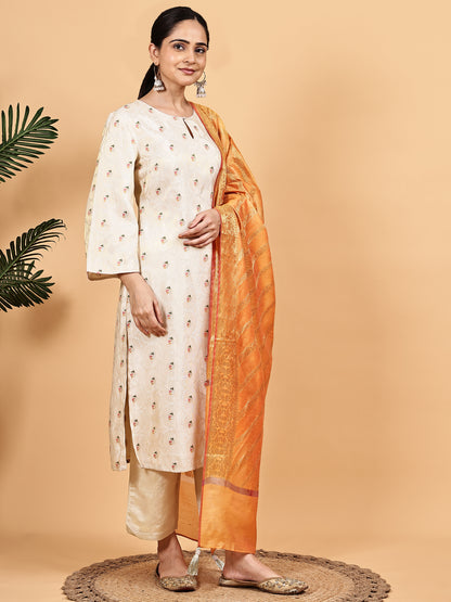Off-White Kurta Pant Set with Contrast Dupatta