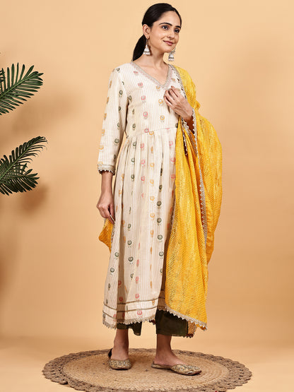Cream Anarkali-style kurta set with Contrast Mustard Dupatta