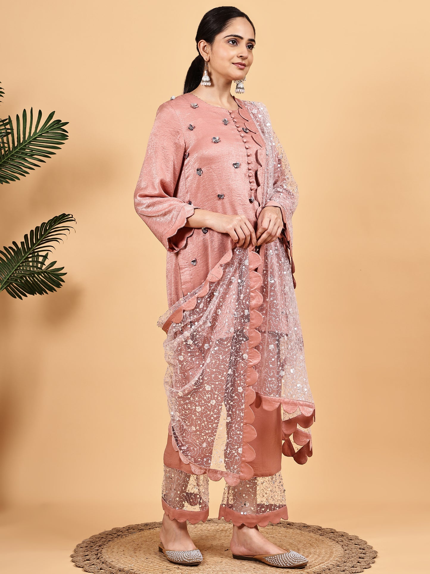 Blush pink  Embellished Kurta Set with Net Dupatta