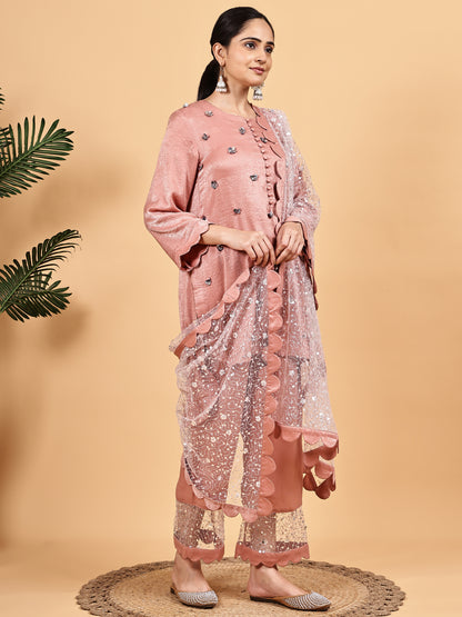 Blush pink  Embellished Kurta Set with Net Dupatta