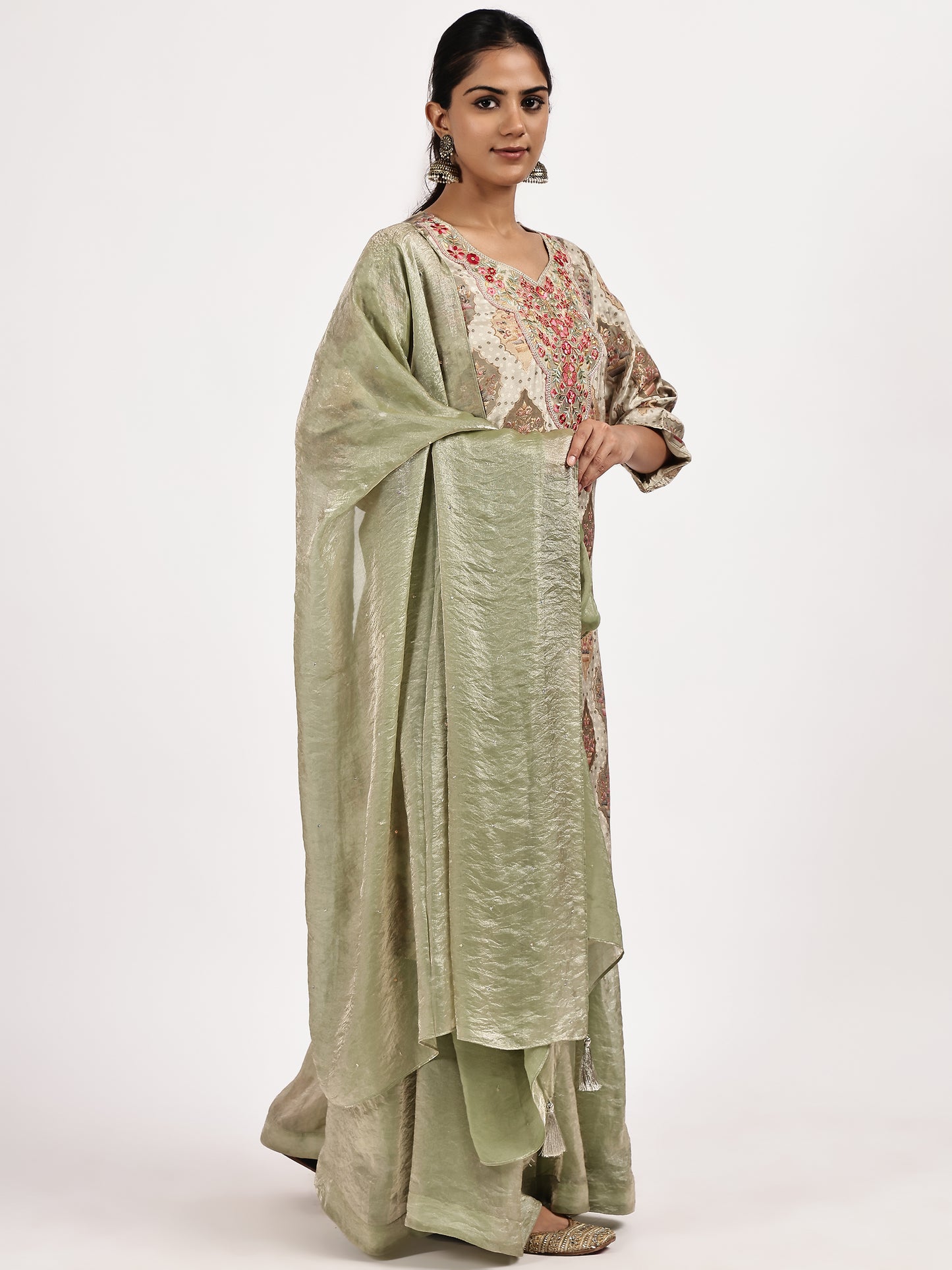Beige  Kurta with Olive Sharara and Dupatta