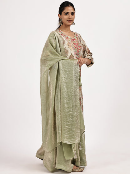 Beige  Kurta with Olive Sharara and Dupatta