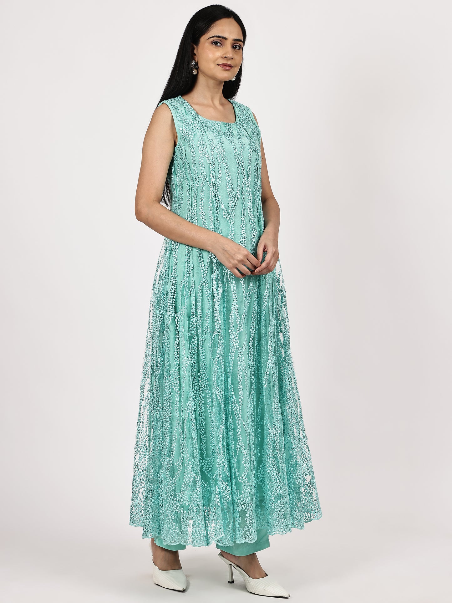 Aqua Blue Sleevles Embroidered Anarkali Set with Olive Organza Dupatta
