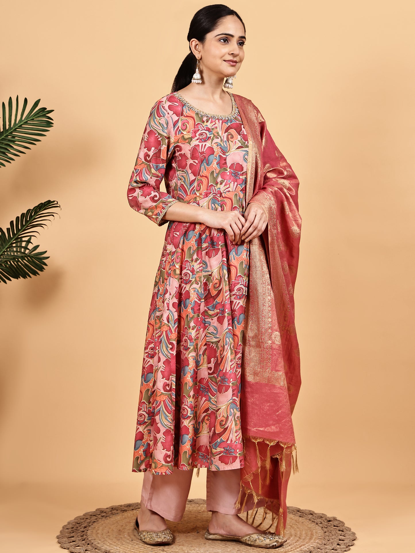 Multicolor Printed Kurta with Pink Banarasi Dupatta