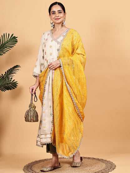 Cream Anarkali-style kurta set with Contrast Mustard Dupatta