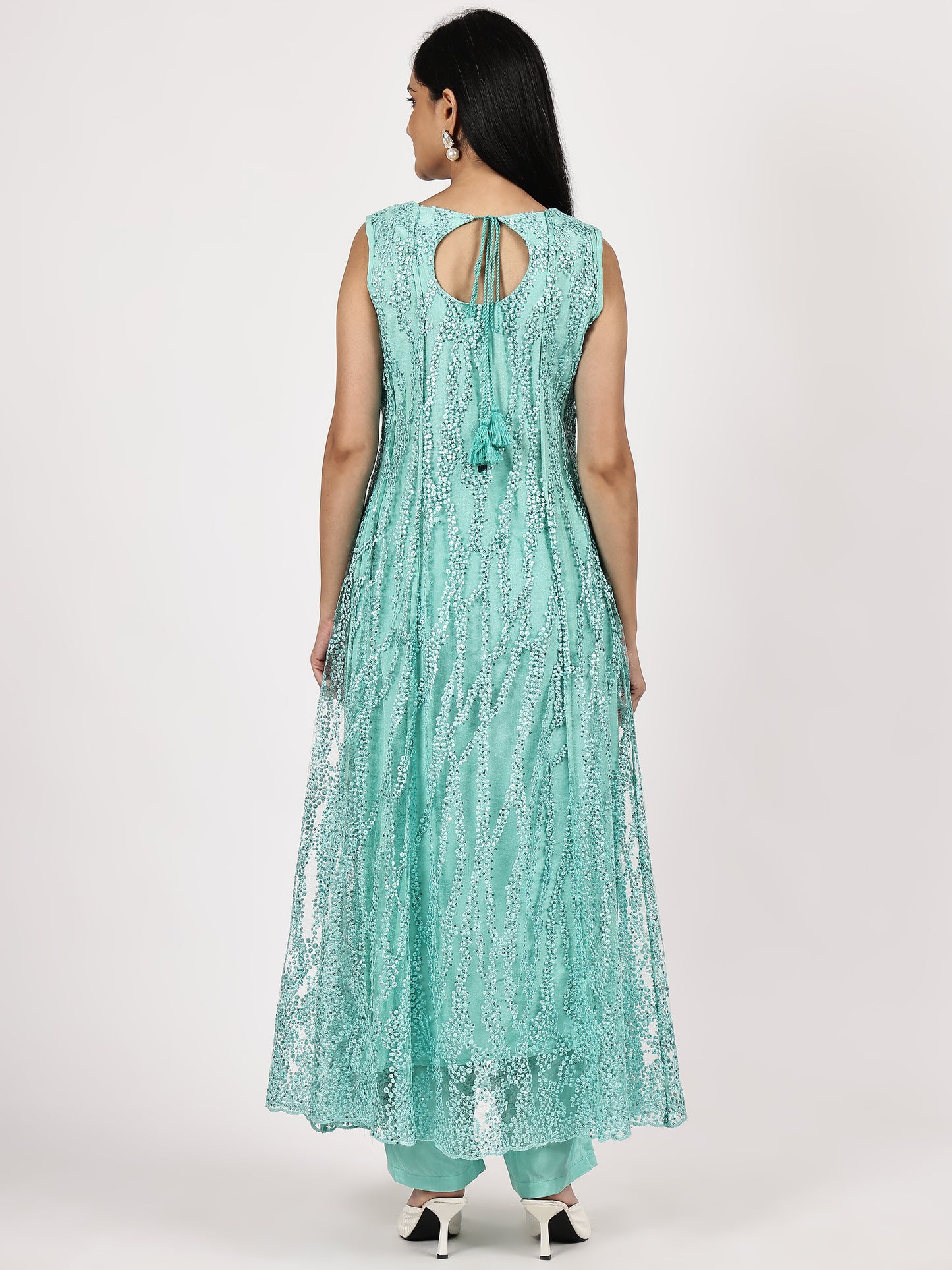 Aqua Blue Sleevles Embroidered Anarkali Set with Olive Organza Dupatta