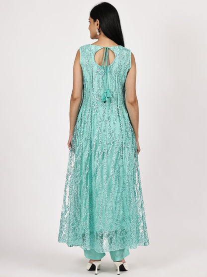 Aqua Blue Sleevles Embroidered Anarkali Set with Olive Organza Dupatta