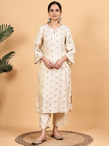 Off-White Kurta Pant Set with Contrast Dupatta