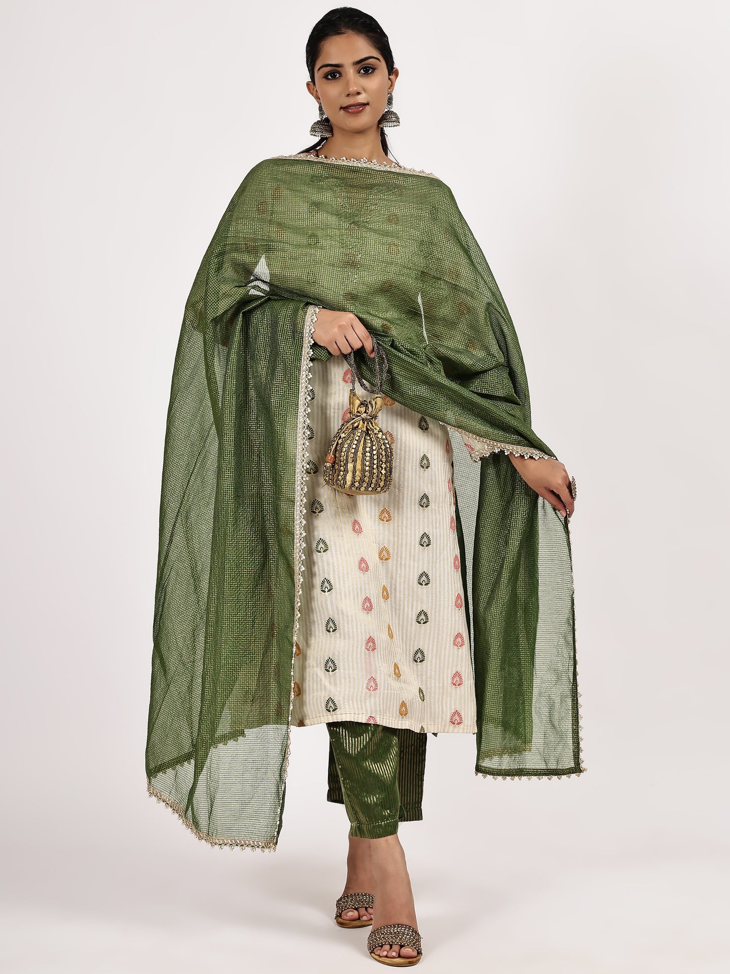 Beige  Printed Kurta Set with Green Dupatta