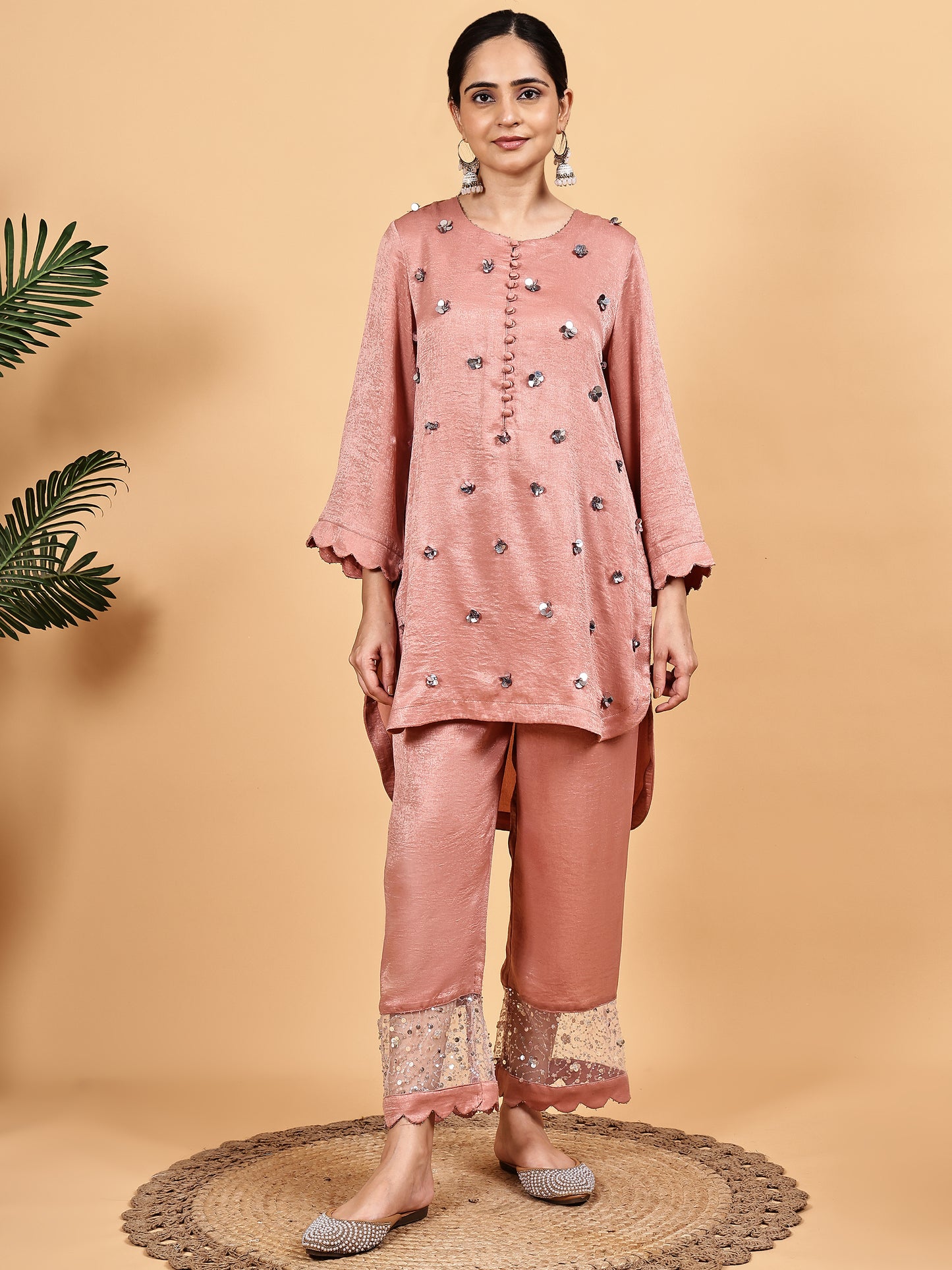 Blush pink  Embellished Kurta Set with Net Dupatta