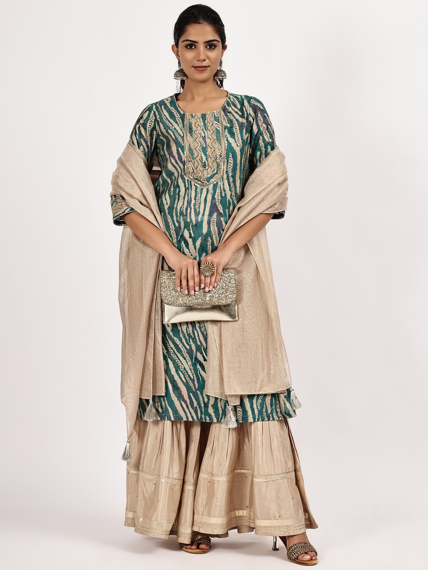 Teal Printed Kurta Set with Dupatta