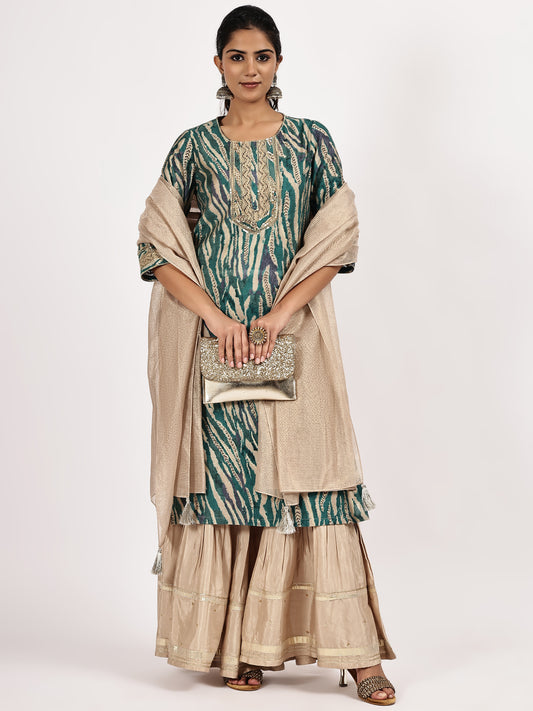 Teal Printed Kurta Set with Dupatta