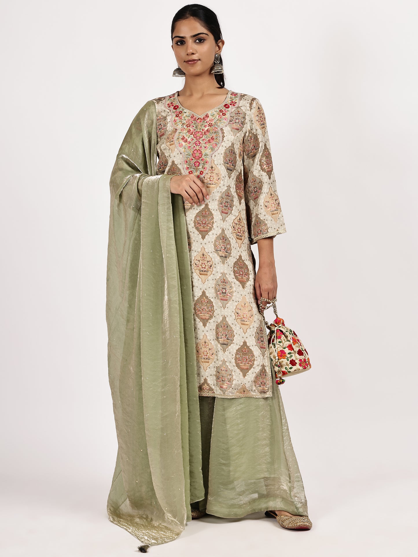 Beige  Kurta with Olive Sharara and Dupatta