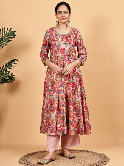 Multicolor Printed Kurta with Pink Banarasi Dupatta