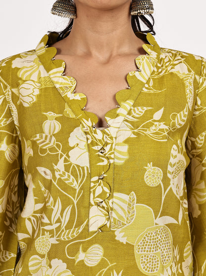 Mustard green printed Kurta Set