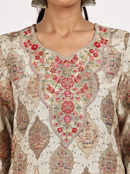 Beige  Kurta with Olive Sharara and Dupatta