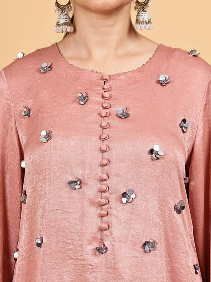 Blush pink  Embellished Kurta Set with Net Dupatta