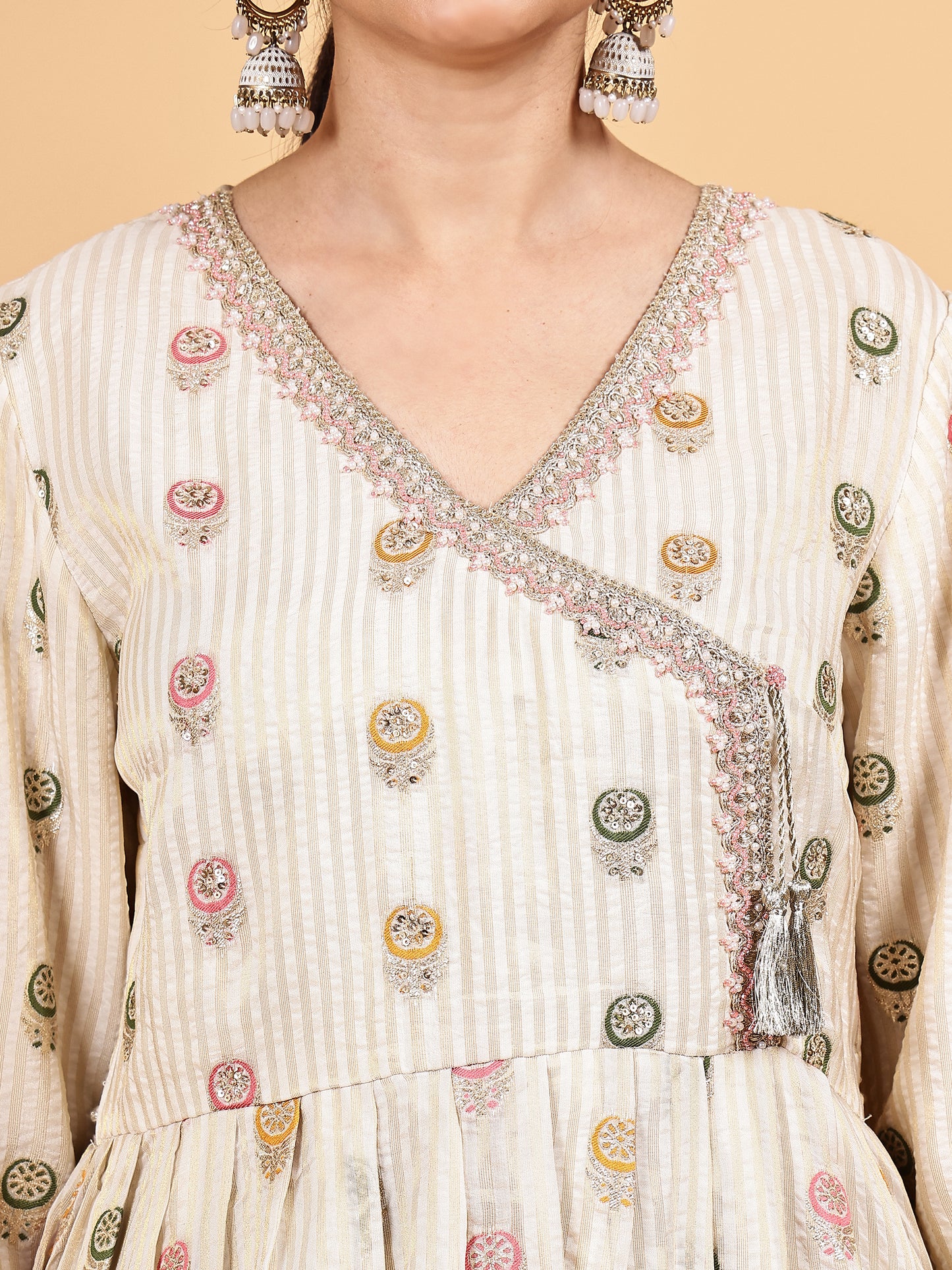 Cream Anarkali-style kurta set with Contrast Mustard Dupatta