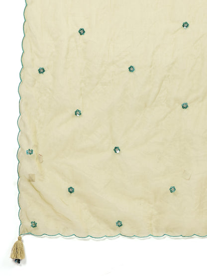 Aqua Blue Sleevles Embroidered Anarkali Set with Olive Organza Dupatta