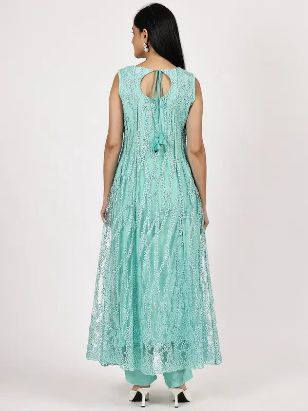 Aqua Blue Sleeveless Embroidered Anarkali with Olive Dupatta