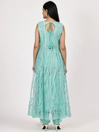 Aqua Blue Sleeveless Embroidered Anarkali with Olive Dupatta