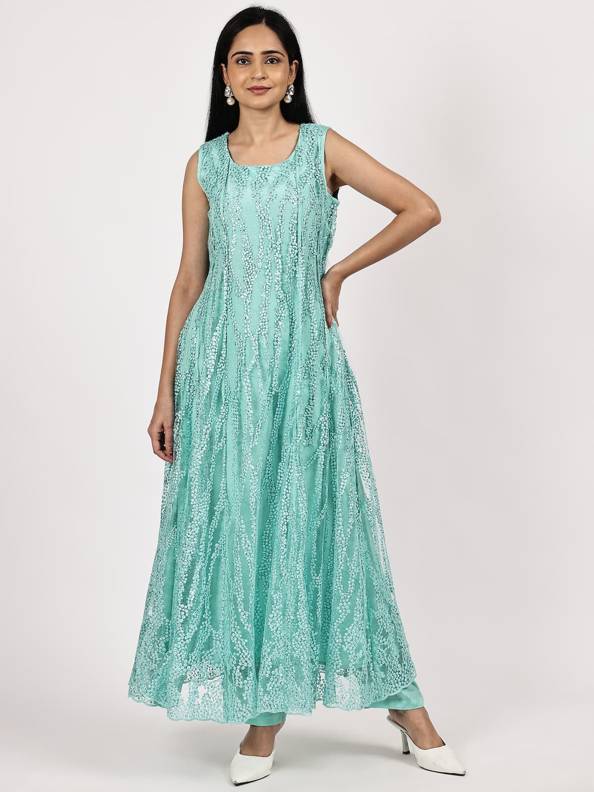 Aqua Blue Sleeveless Embroidered Anarkali with Olive Dupatta
