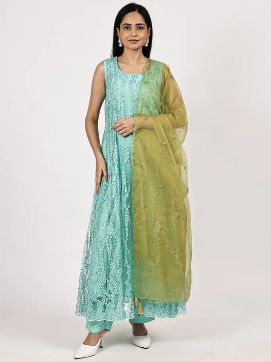 Aqua Blue Sleeveless Embroidered Anarkali with Olive Dupatta