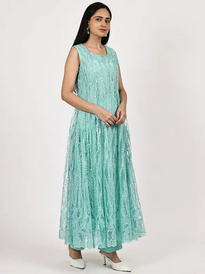 Aqua Blue Sleeveless Embroidered Anarkali with Olive Dupatta