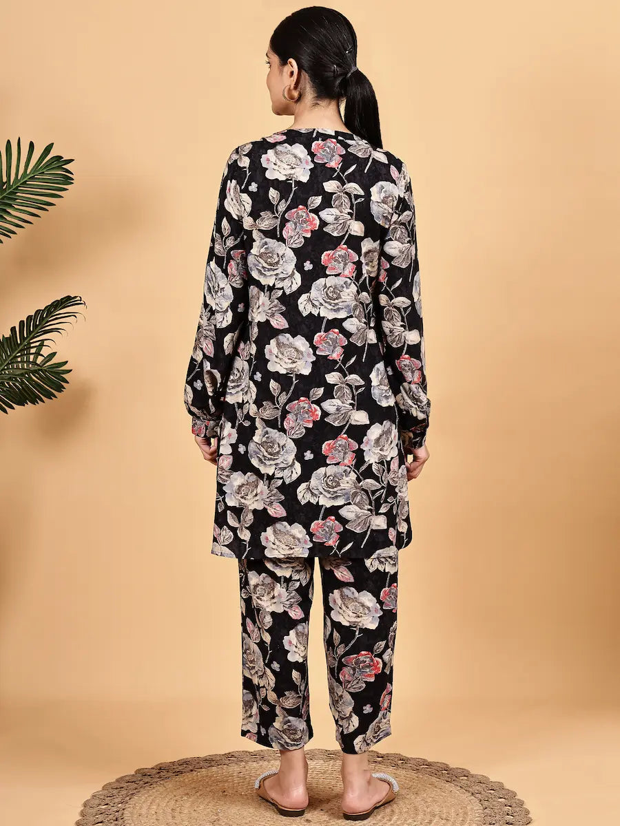 Elegant Black Co-Ord Set with Floral Prints – Daily Wear